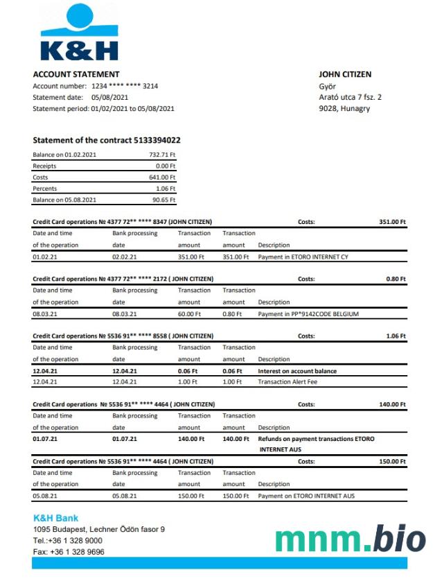 Hungary Erste Bank statement template w formacie Word i PDF